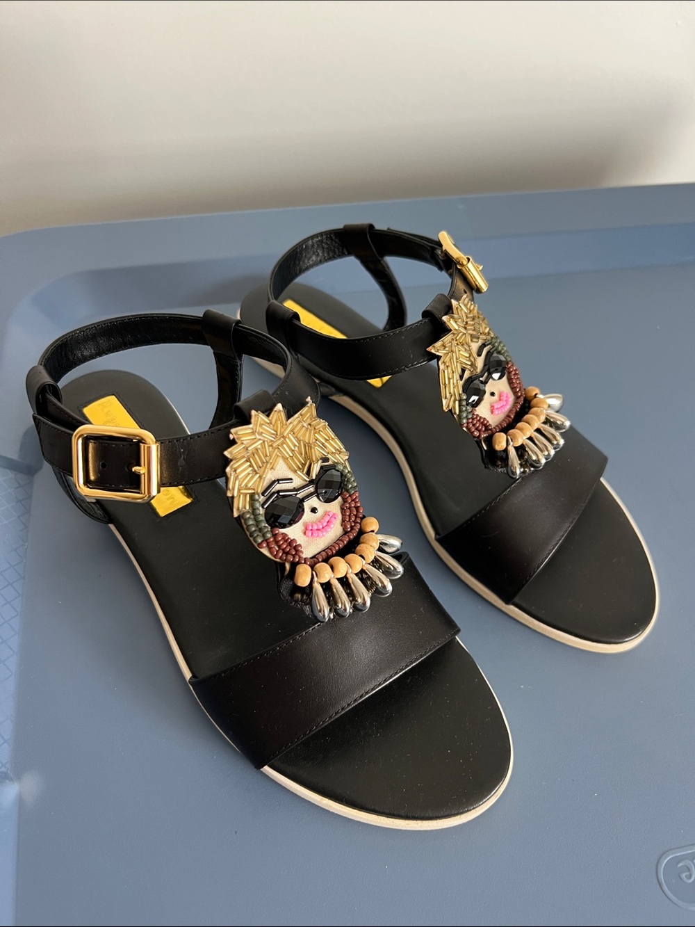 Rupert Sanderson cara frida kahlo black leather multicolored embroidered sandals